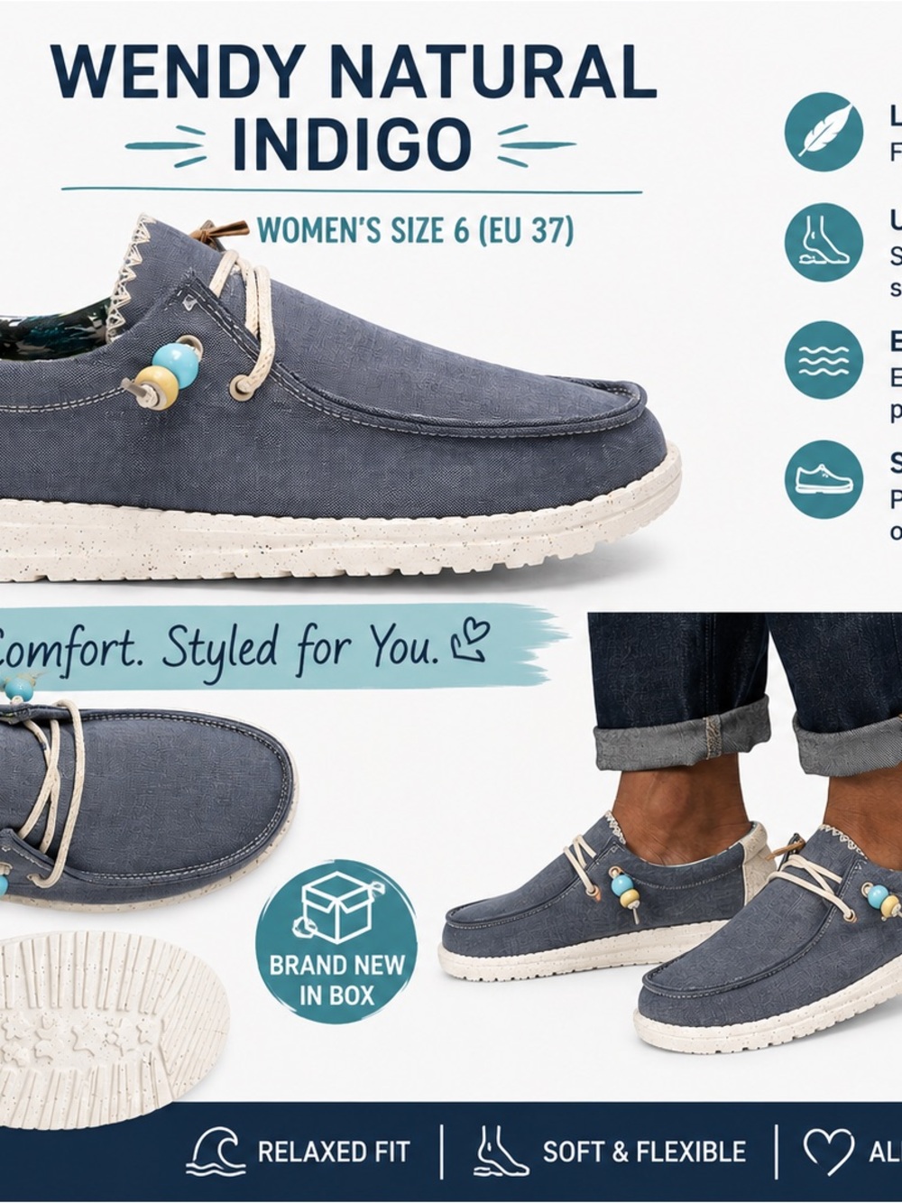 Hey Dude Wendy Natural Indigo Canvas Boat Shoes with Cream Accents